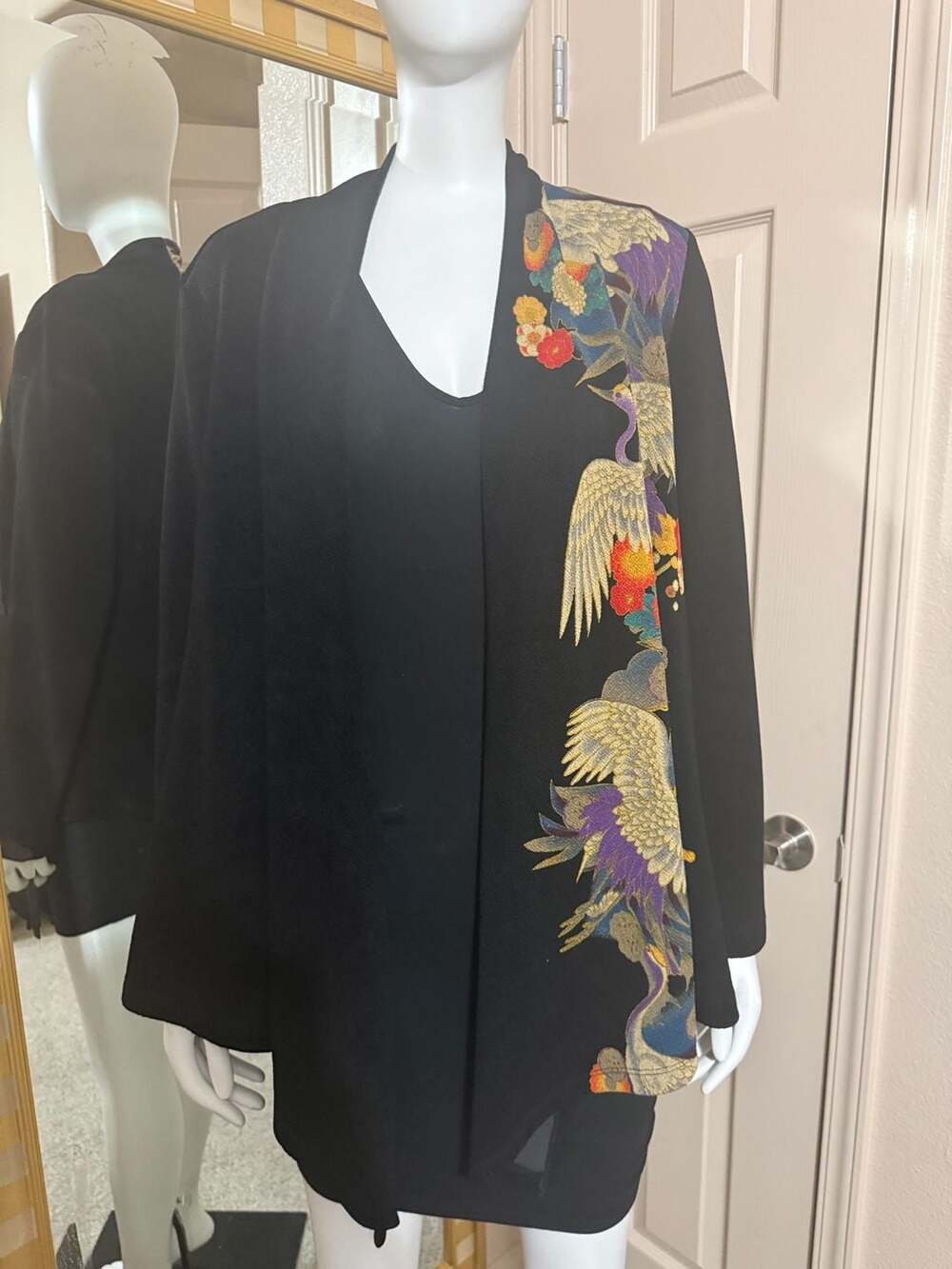 Soft Surroundings Embroidered Crane Open Front Kimono Jacket Black Size Medium
